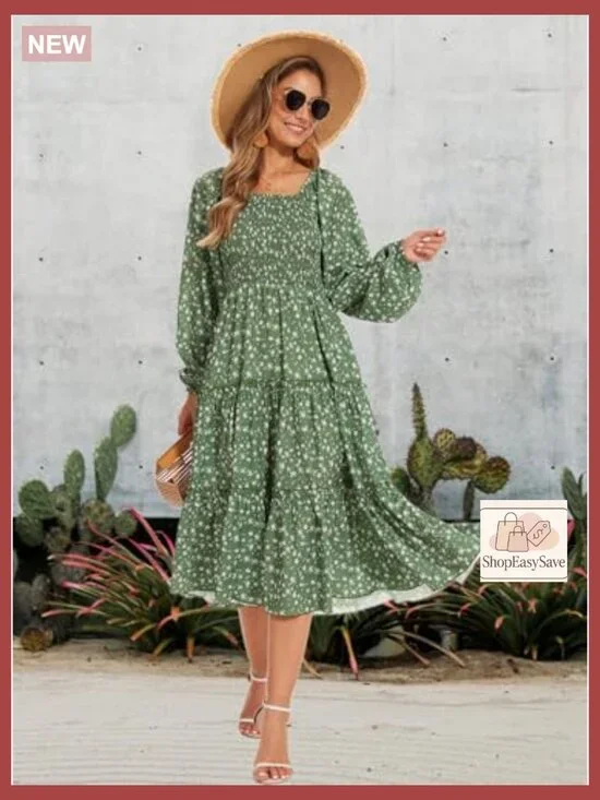 Boho Floral Midi Dress with Puff Sleeves Smocked Waist and Pockets - Picture 5 of 7